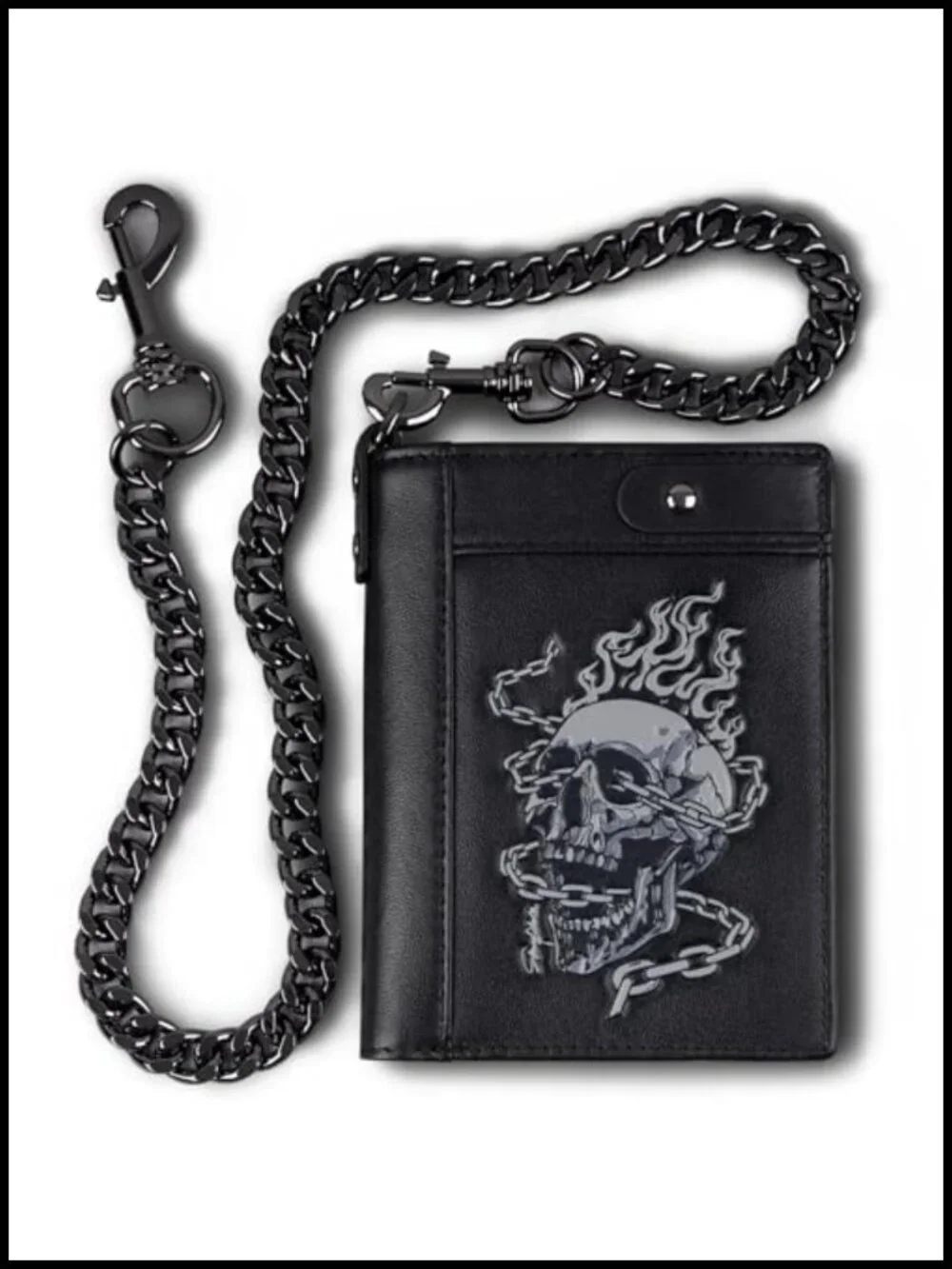 Mens Leather Bifold Wallet with Chain RFID Blocking Skull Design